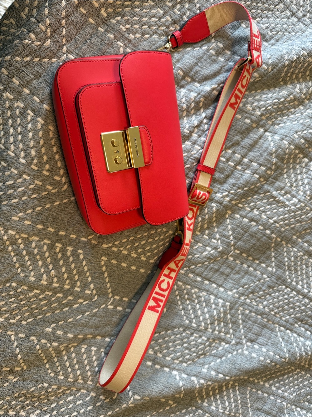 Michael Kors Red Leather Crossbody with Logo Canvas Strap